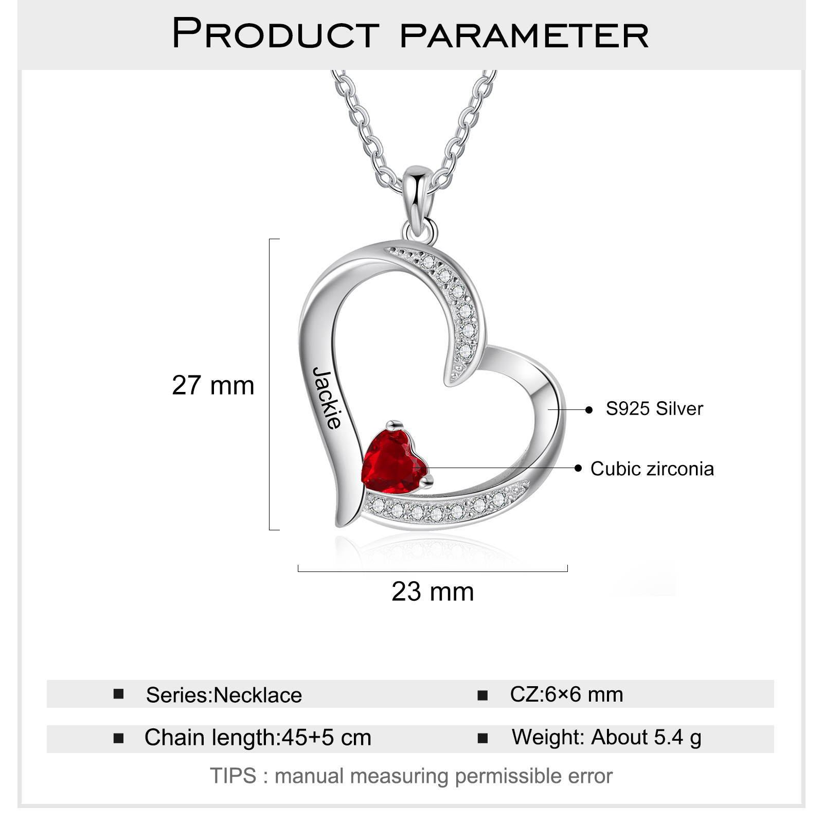 925 Sterling Silber Personalisierte Halskette mit 1 Namen und 1 Geburtsstein