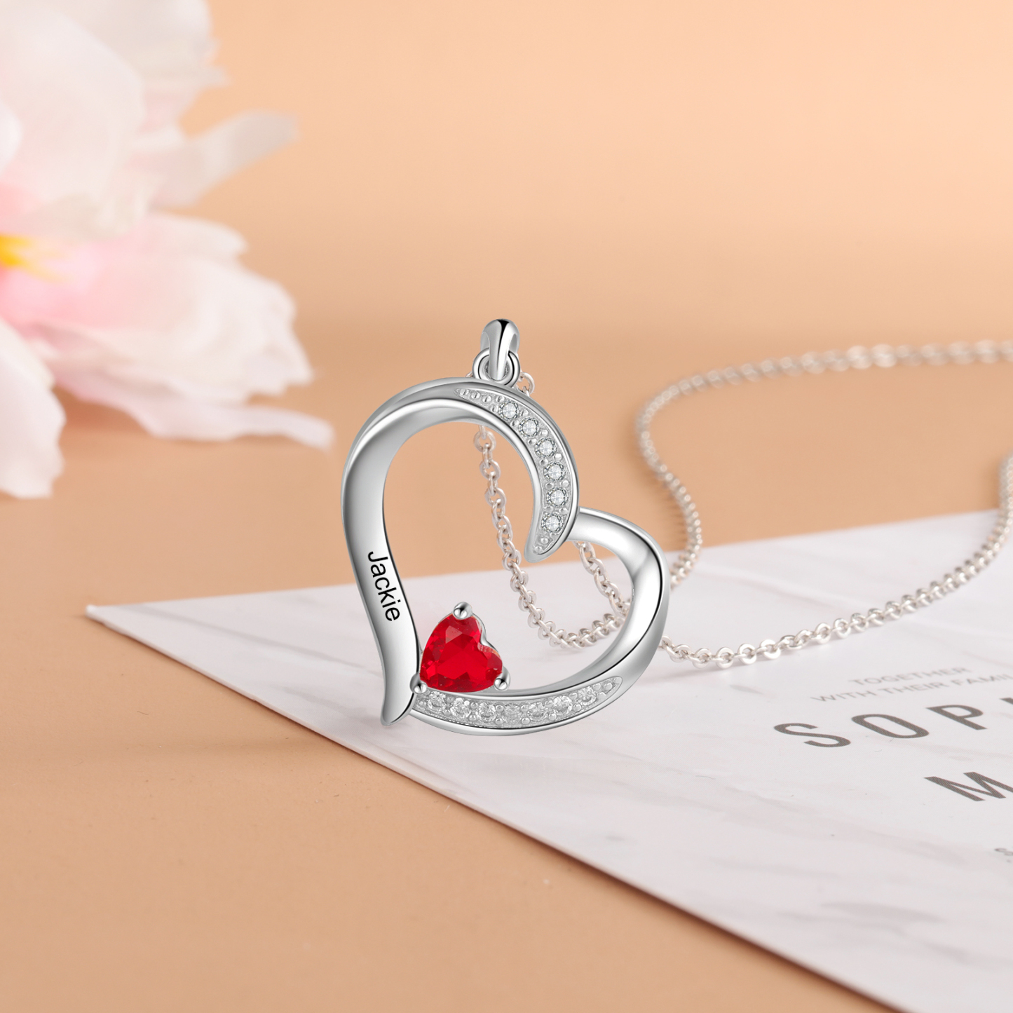 925 Sterling Silber Personalisierte Halskette mit 1 Namen und 1 Geburtsstein