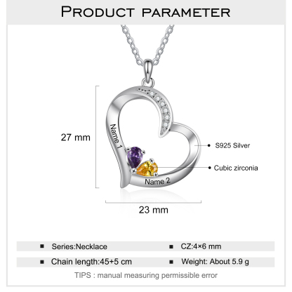 925 Sterling Silber Herz Personalisierte Halskette – Mit 2 Namen & 2 Geburtssteinen