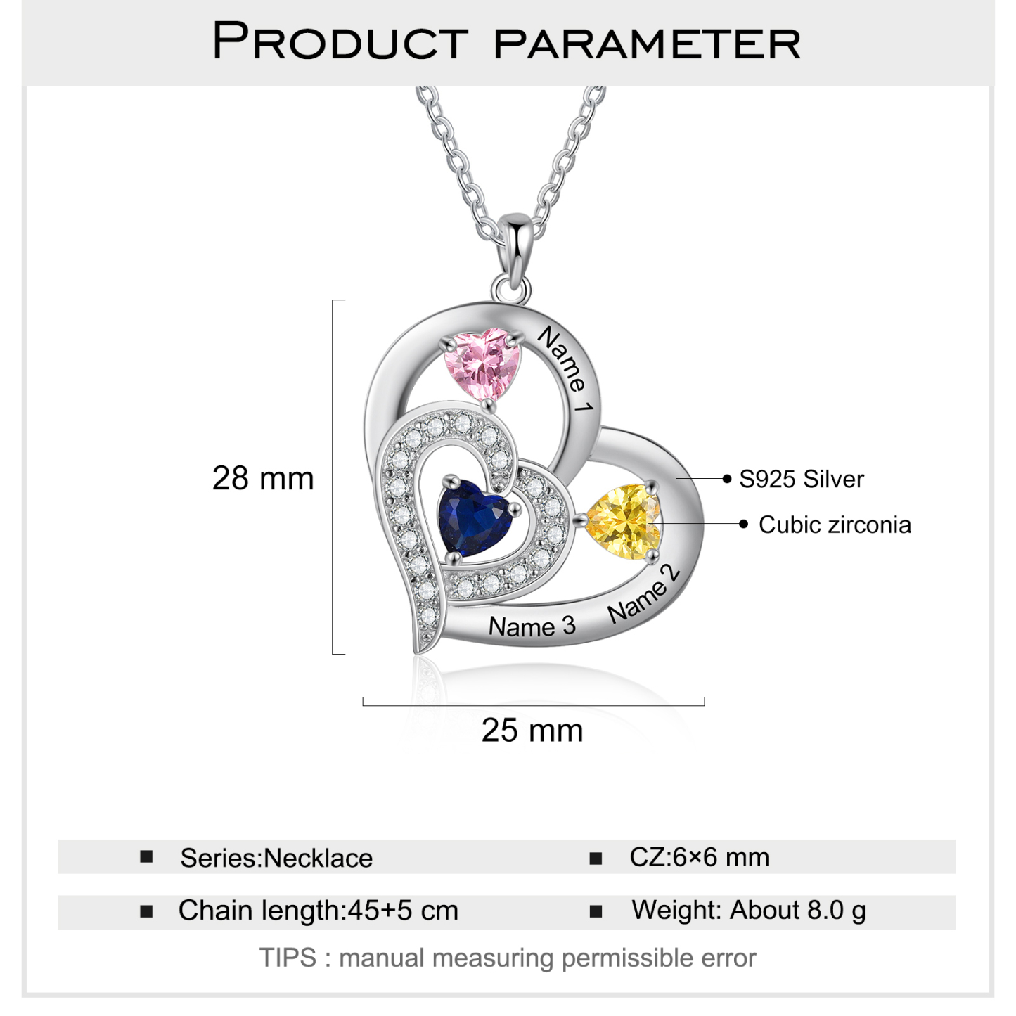 925 Sterling Silber Herz Personalisierte Halskette – Mit 3 Namen & 3 Geburtssteinen