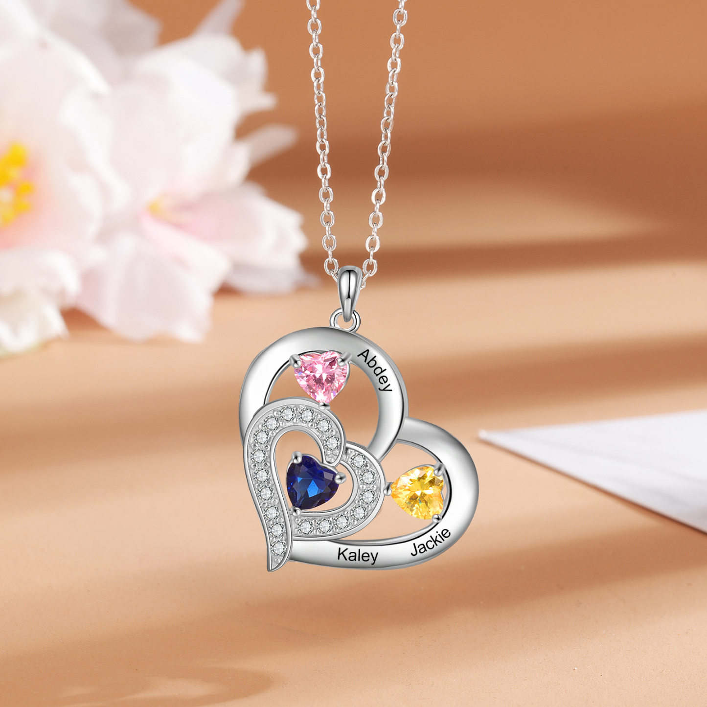 925 Sterling Silber Herz Personalisierte Halskette – Mit 3 Namen & 3 Geburtssteinen