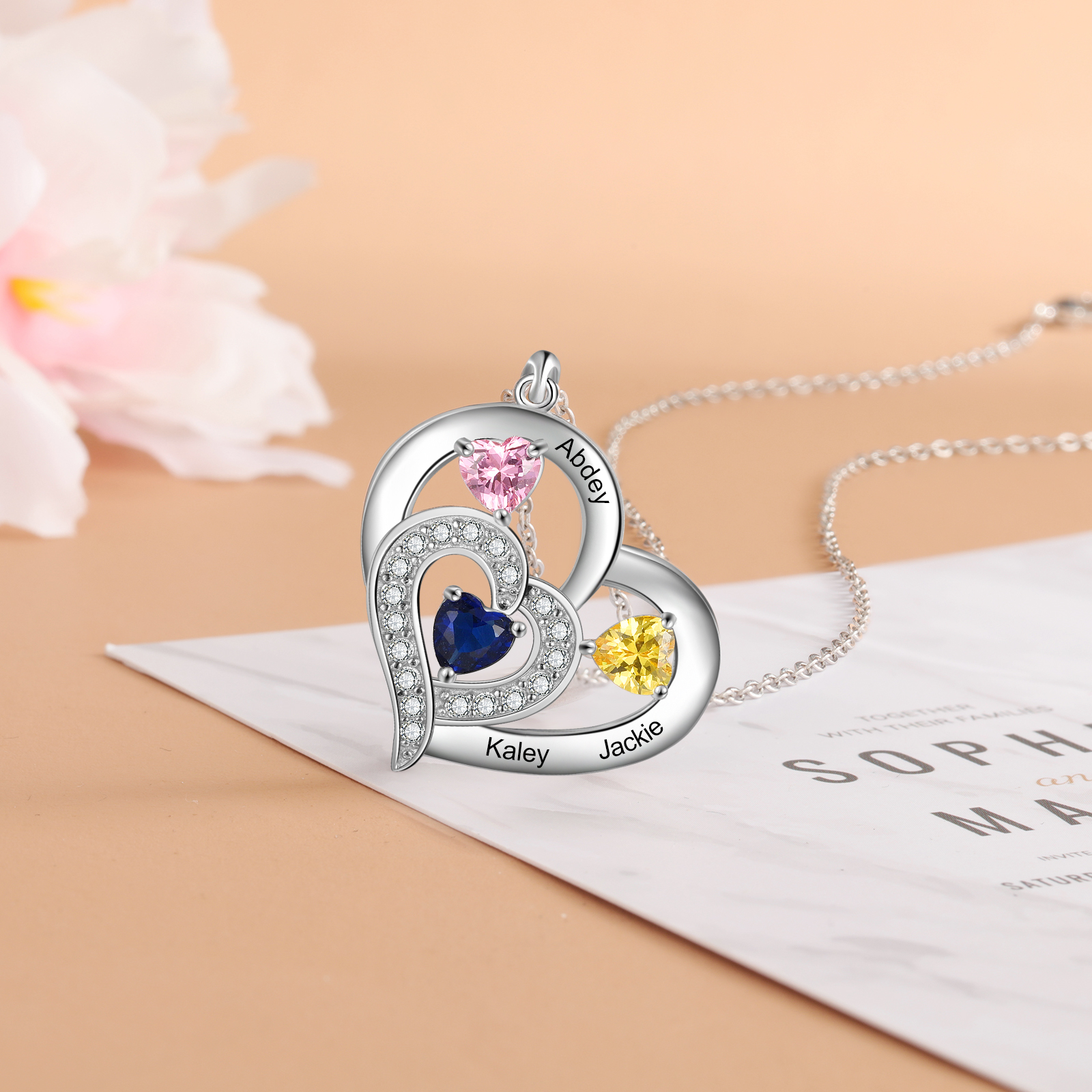 925 Sterling Silber Herz Personalisierte Halskette – Mit 3 Namen & 3 Geburtssteinen