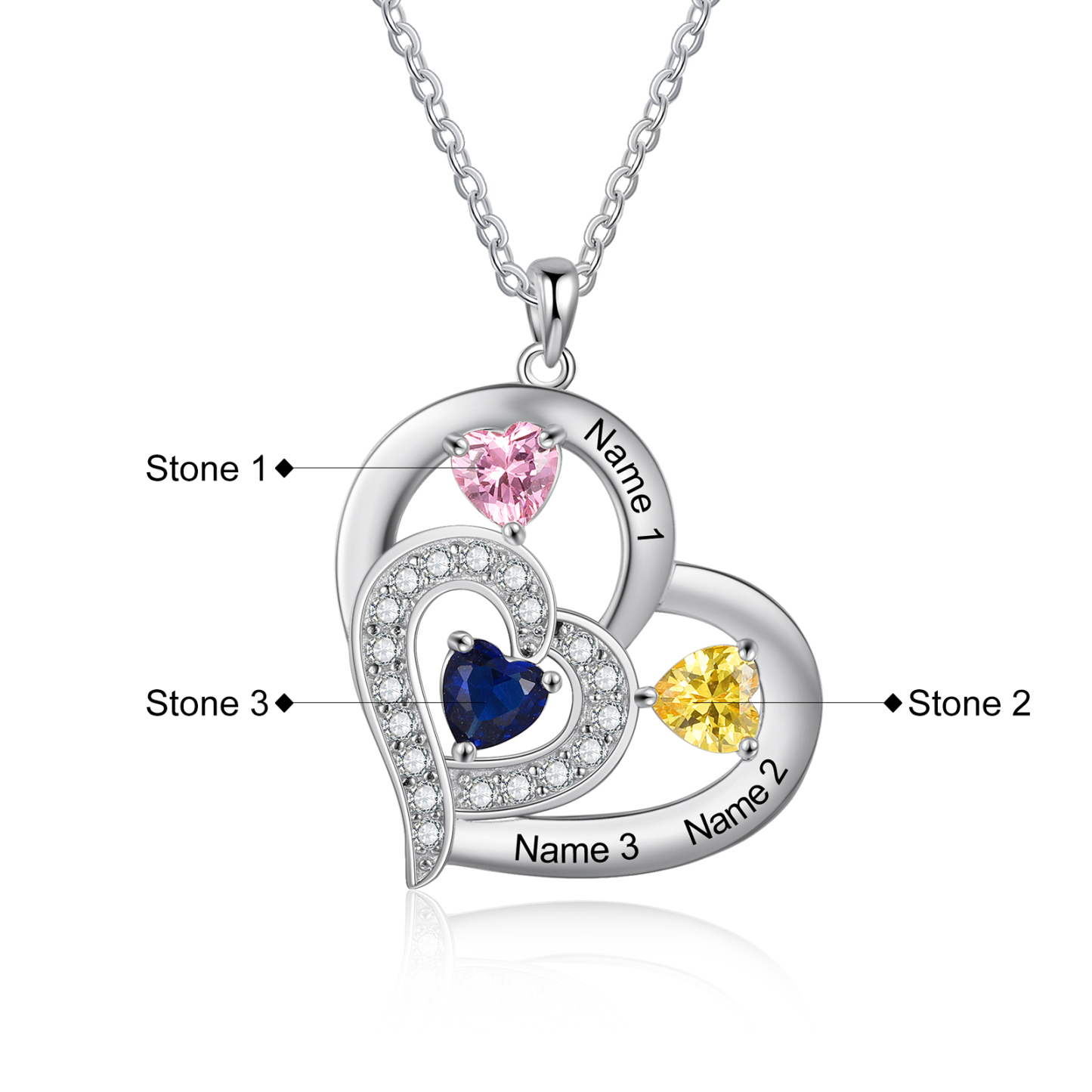 925 Sterling Silber Herz Personalisierte Halskette – Mit 3 Namen & 3 Geburtssteinen