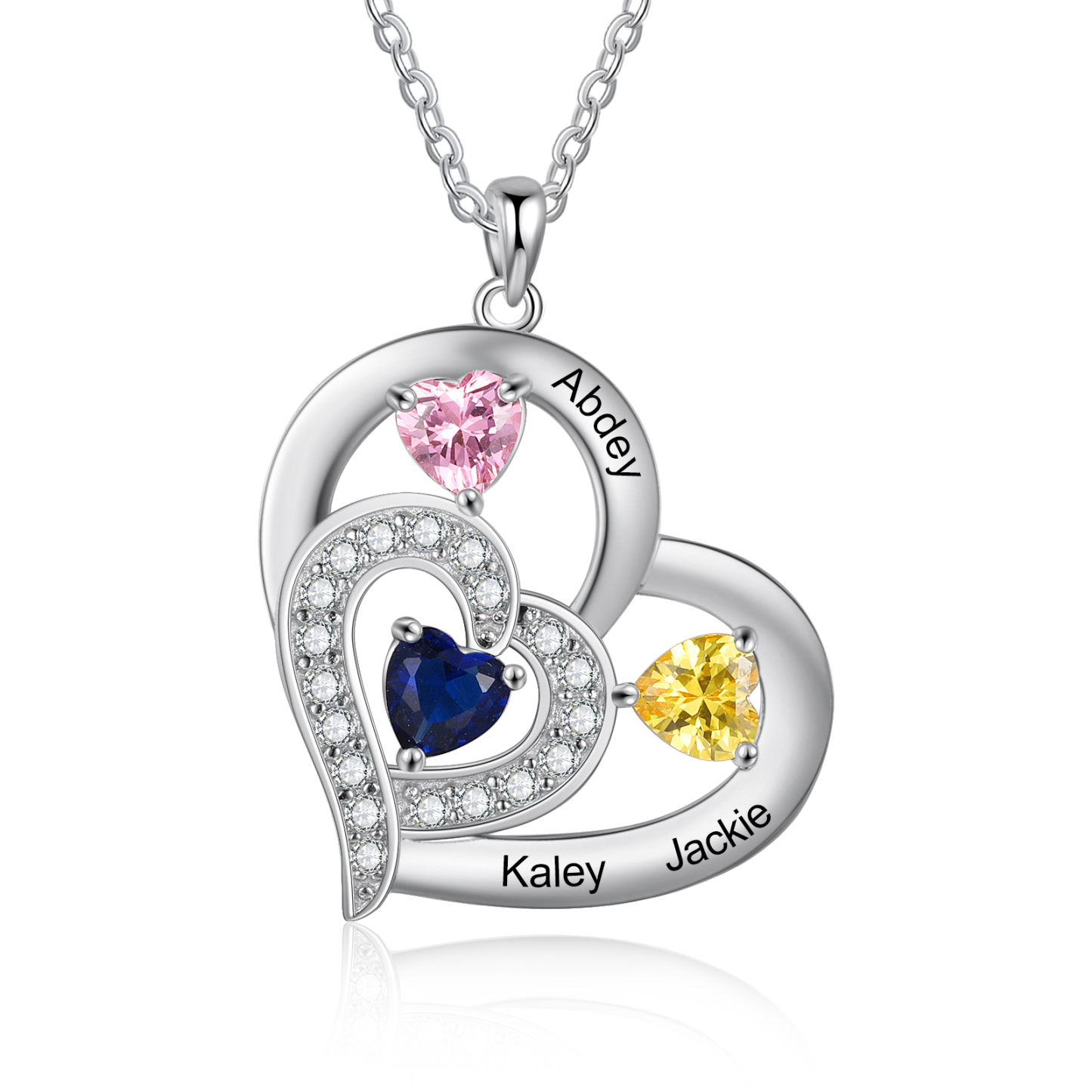 925 Sterling Silber Herz Personalisierte Halskette – Mit 3 Namen & 3 Geburtssteinen