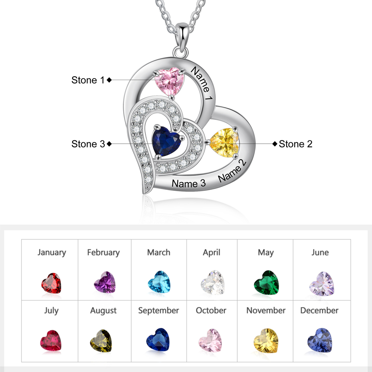 925 Sterling Silber Herz Personalisierte Halskette – Mit 3 Namen & 3 Geburtssteinen