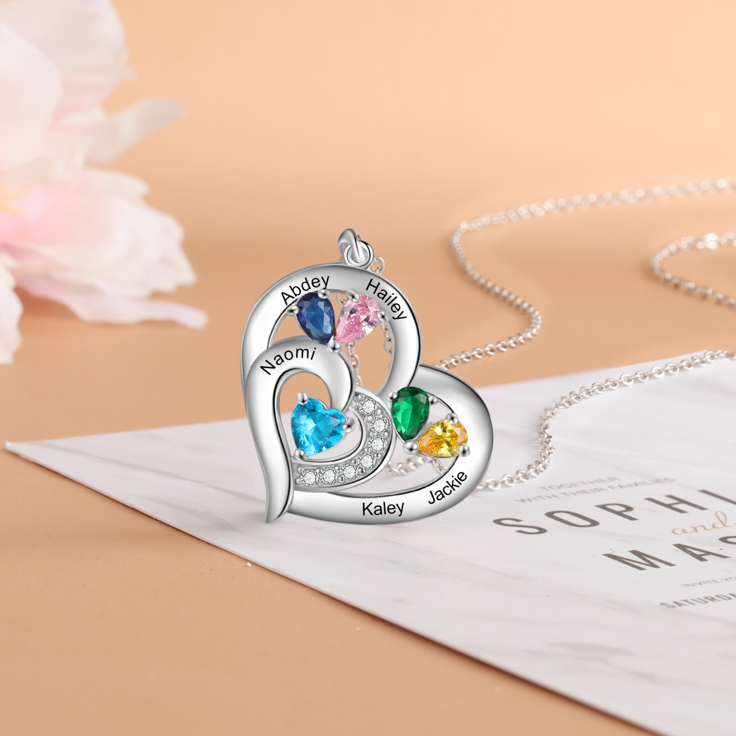 925 Sterling Silber Herz Personalisierte Halskette – Mit 5 Namen & 5 Geburtssteinen