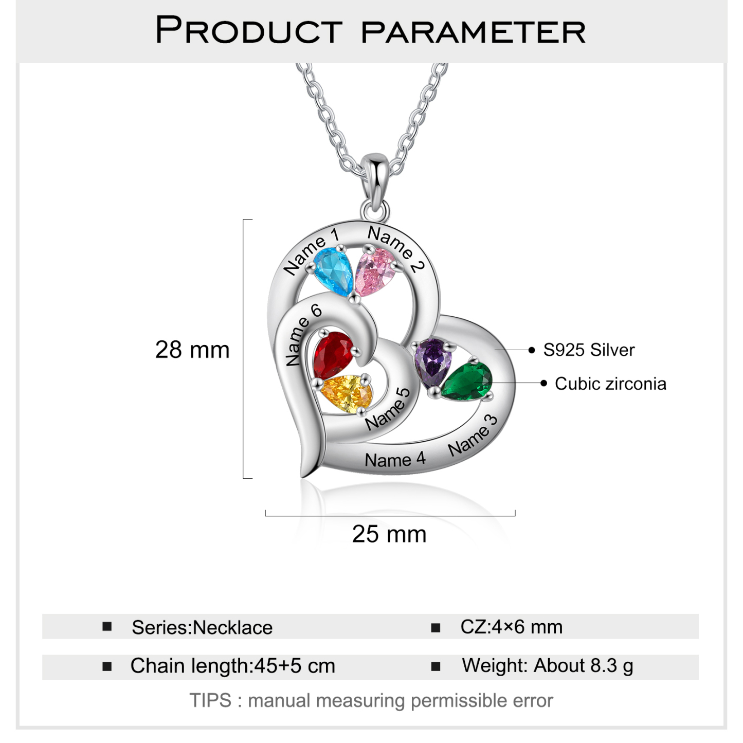 925 Sterling Silber Herz Personalisierte Halskette – Mit 6 Namen & 6 Geburtssteinen