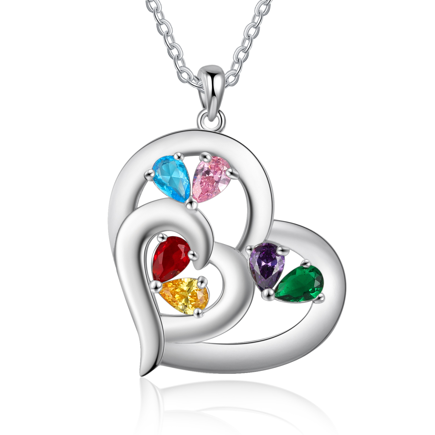 925 Sterling Silber Herz Personalisierte Halskette – Mit 6 Namen & 6 Geburtssteinen