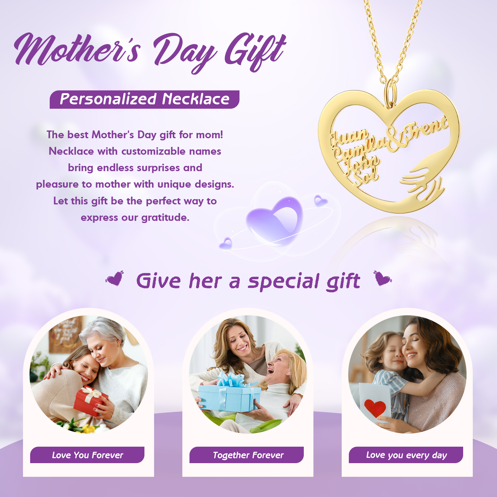 Personalisierte 5 Namen mit Gravuren Herz Umarmung Halskette 