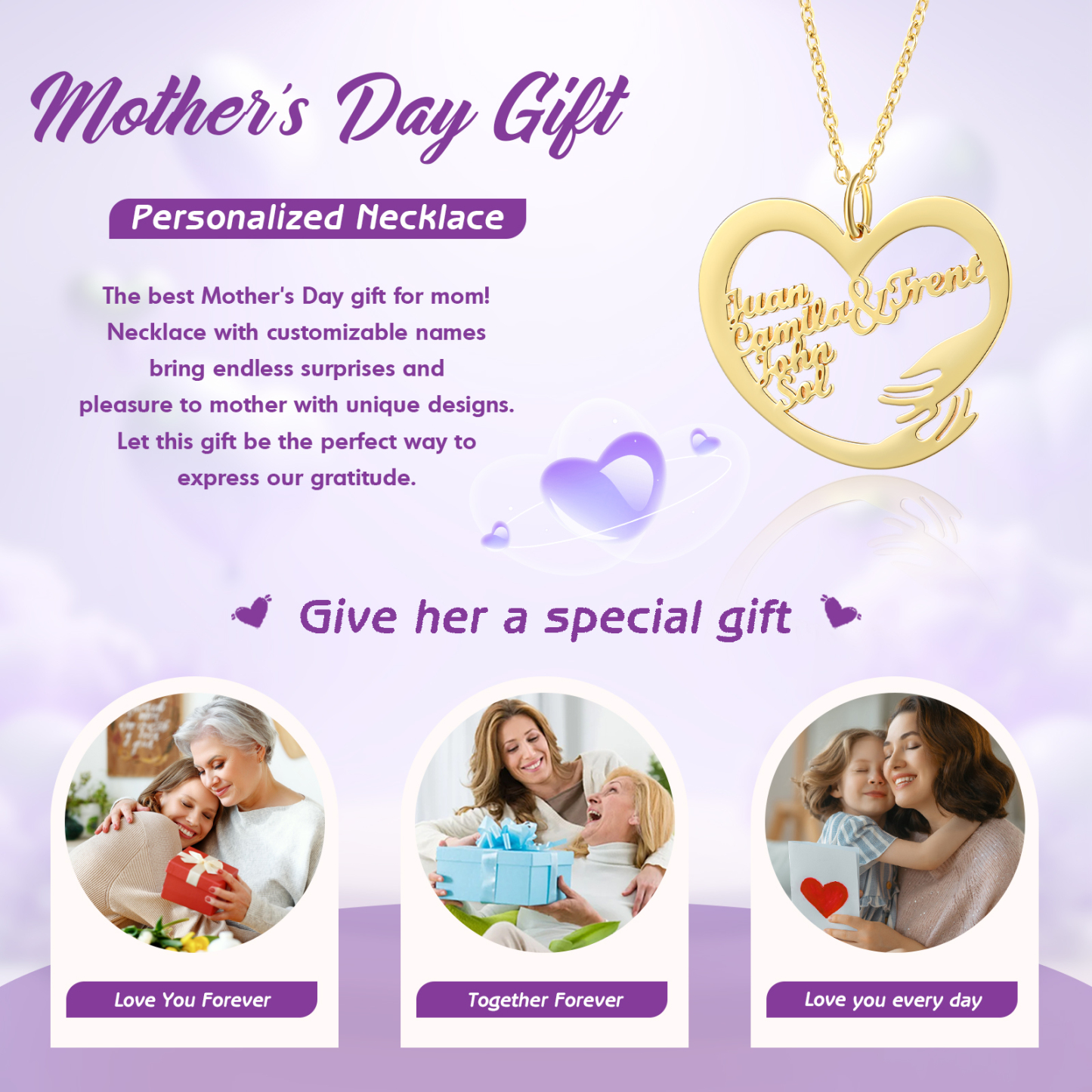 Personalisierte 5 Namen mit Gravuren Herz Umarmung Halskette 