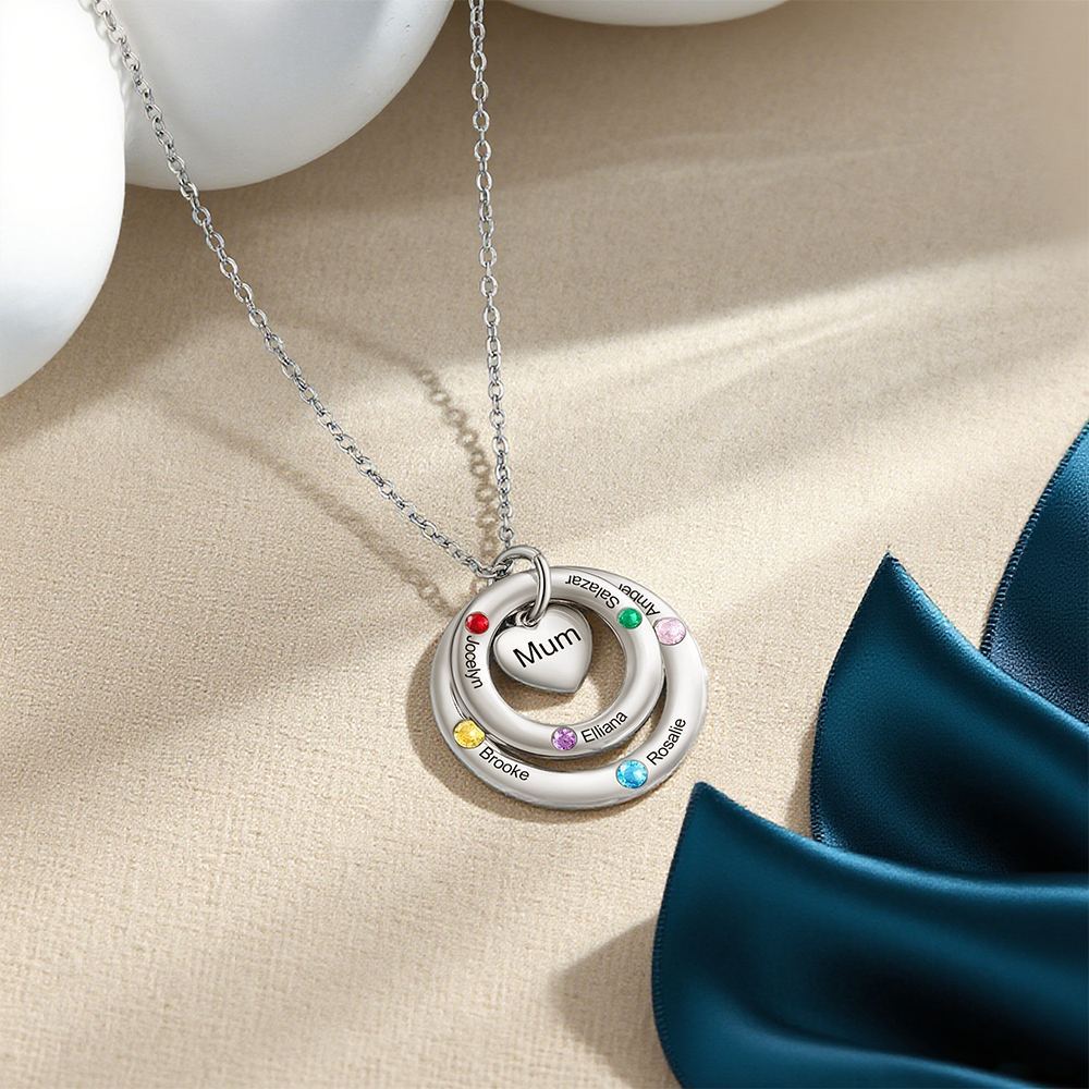 Personalisierte Doppelkreis-Halskette mit 1–7 Namen, Geburtssteinen & Text