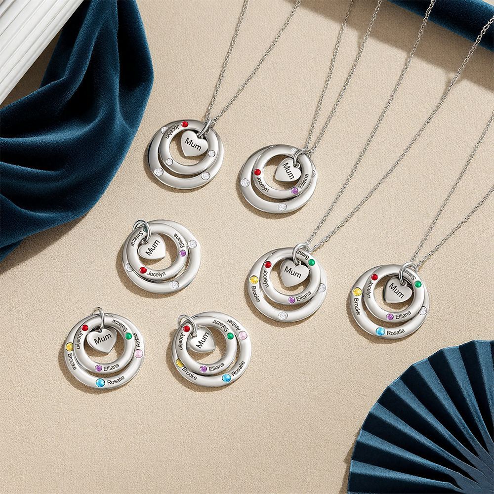 Personalisierte Doppelkreis-Halskette mit 1–7 Namen, Geburtssteinen & Text