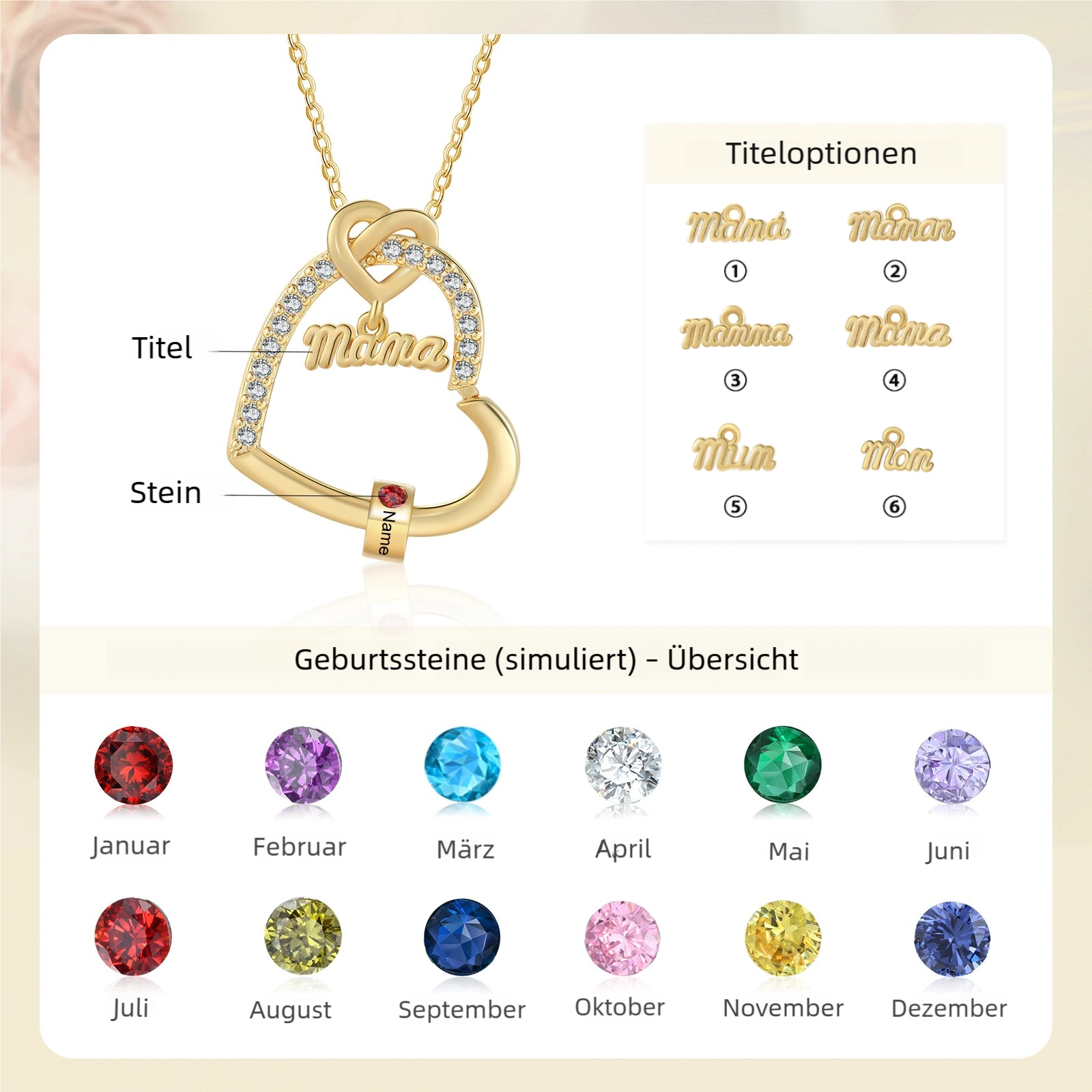 Personalisierte 1 Titel & 1-5 Namen Herz Halskette mit 1-5 Geburtssteinen für Mama/Mutter/Oma-Geschenk Box Set