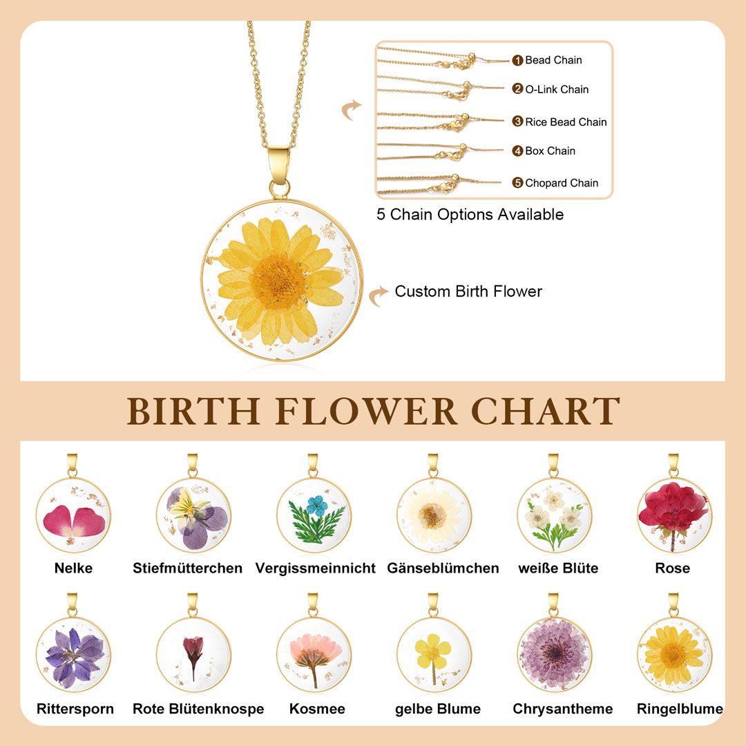 Echte getrocknete personalisierte Geburtsblumen-Boho-Halskette mit gepresstem Blütenanhänger
