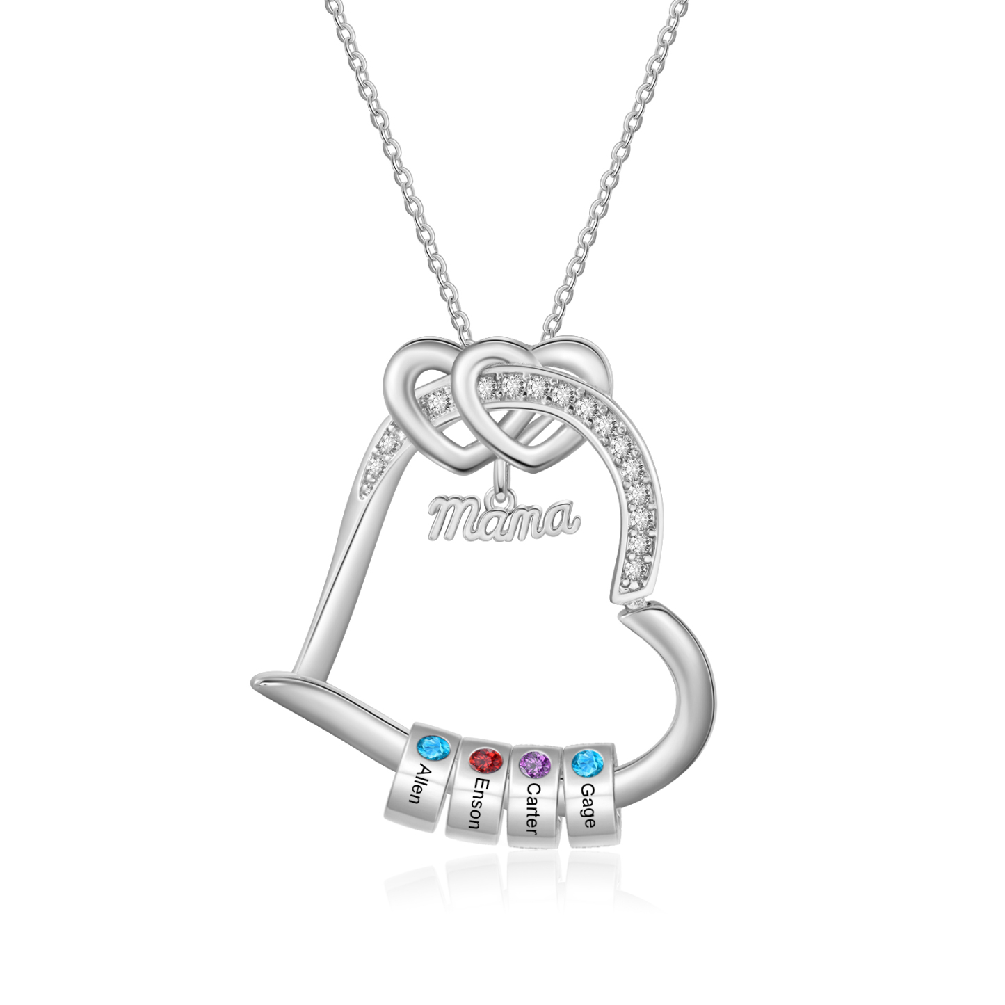 Personalisierte Doppelherz-Mama-Kette mit 1–5 Namen und Geburtssteinen