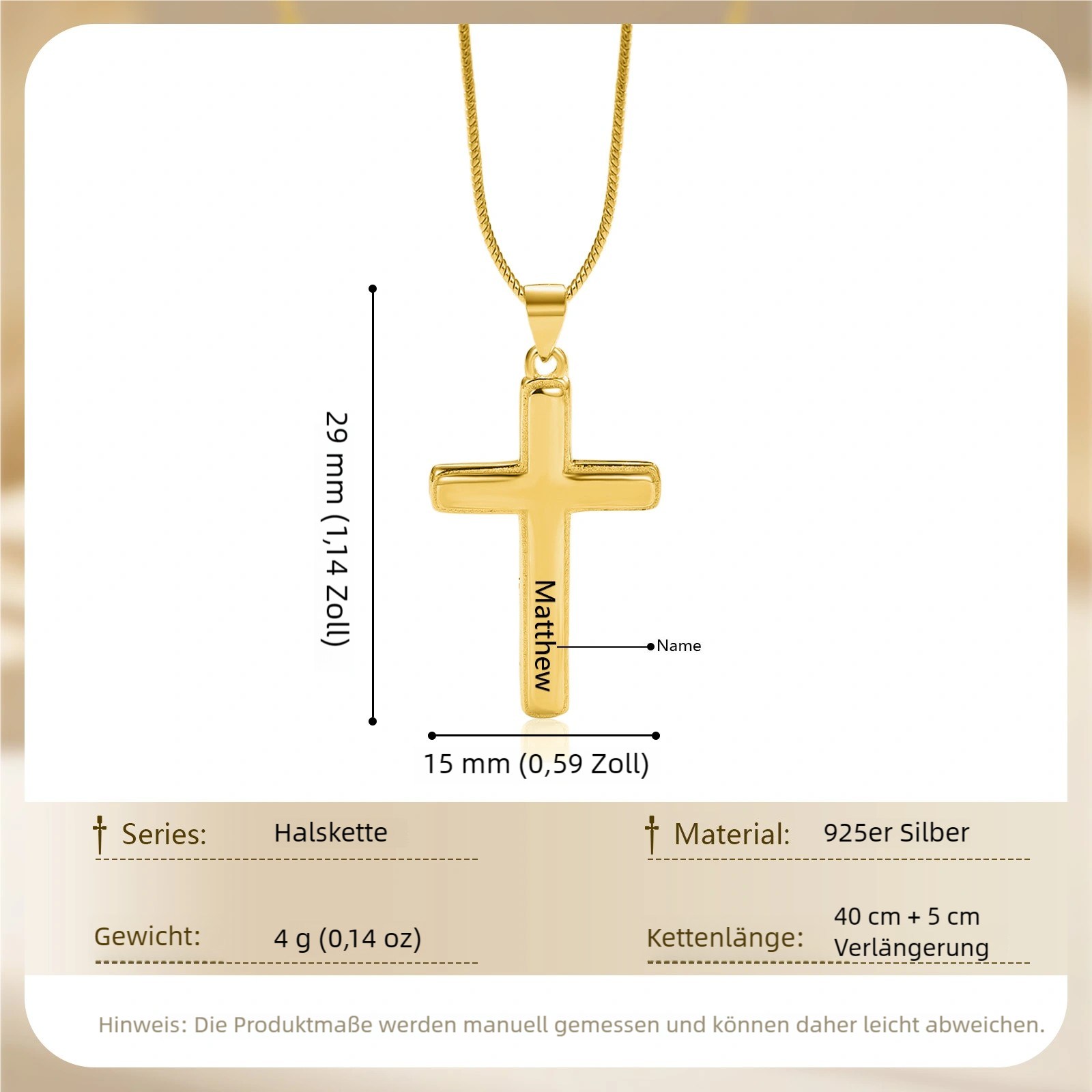 Personalisierte vergoldete Kreuzkette aus 925er Sterlingsilber mit Namensgravur Geschenk zur Taufe Firmung oder Erstkommunion