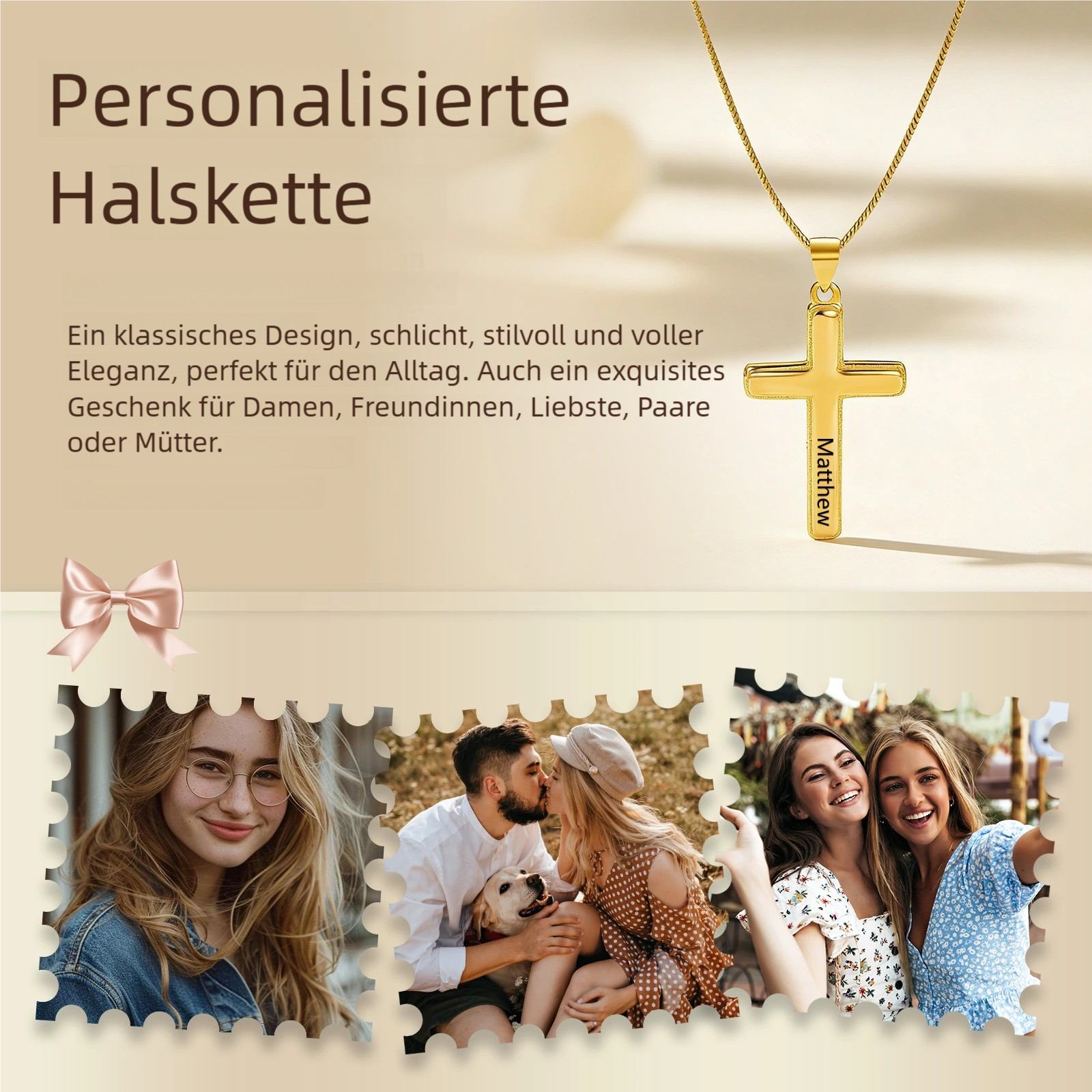 Personalisierte vergoldete Kreuzkette aus 925er Sterlingsilber mit Namensgravur Geschenk zur Taufe Firmung oder Erstkommunion