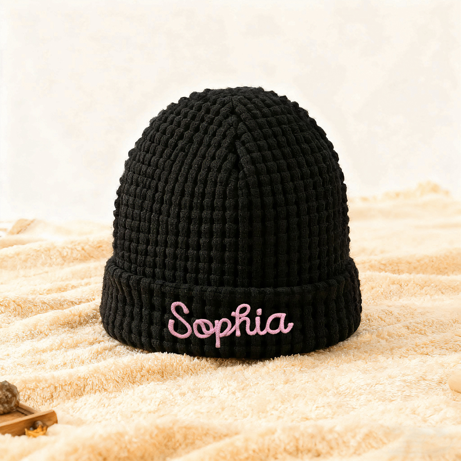 Personalisierte Weihnachten Waffelstrick-Wintermütze mit Namensstickerei für Damen