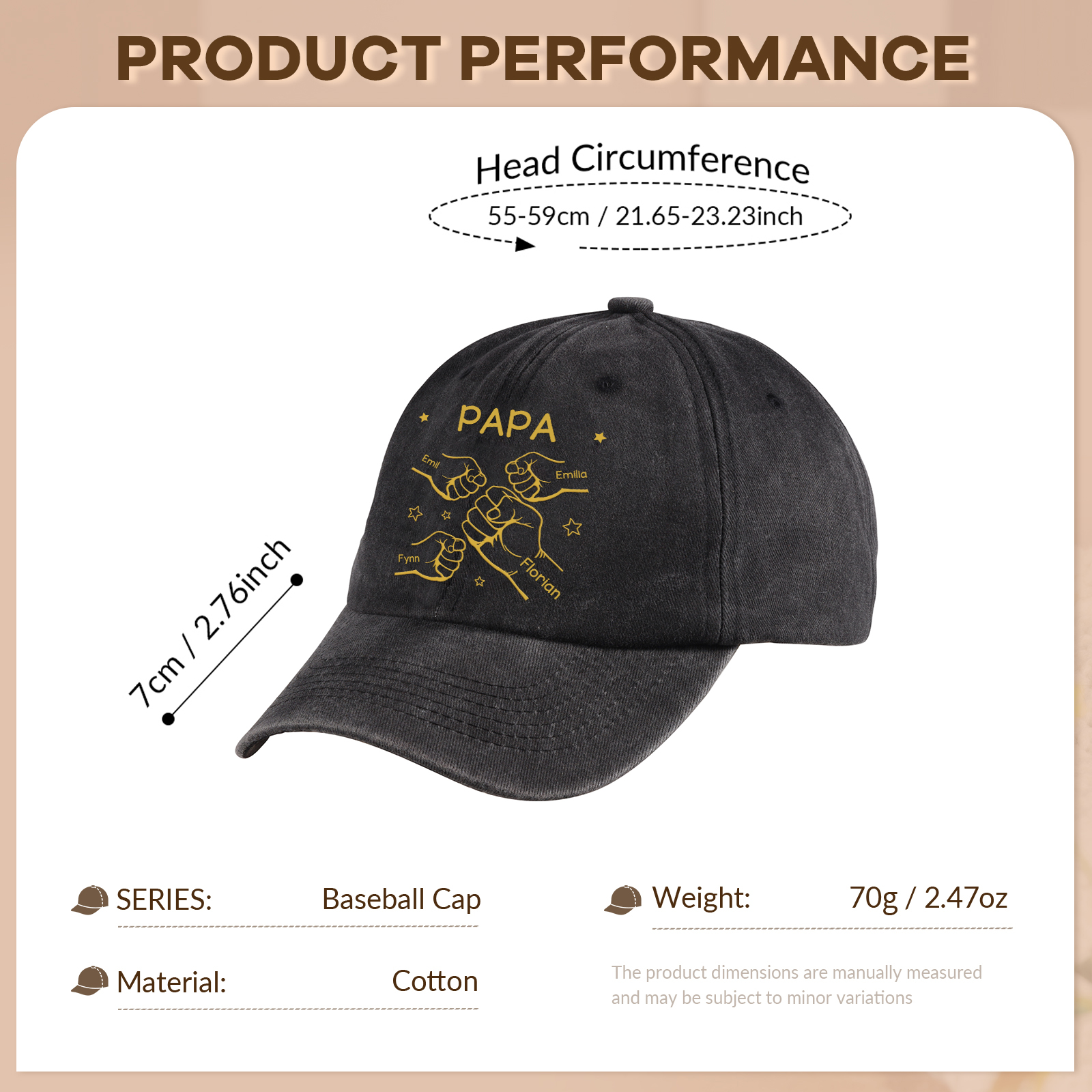 Personalisierte Basecap aus gewaschenem Jeansstoff mit 1 bis 10 Namen und Faustgruß-Motiv