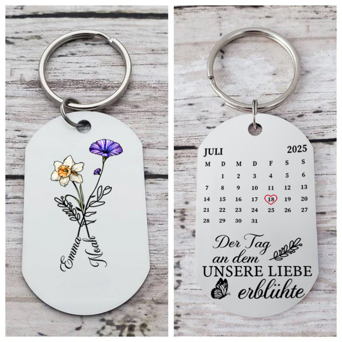 Personalisierter Schlüsselanhänger „Der Tag, an dem unsere Liebe erblühte“ mit Blumen, Namen & Kalender für Paare