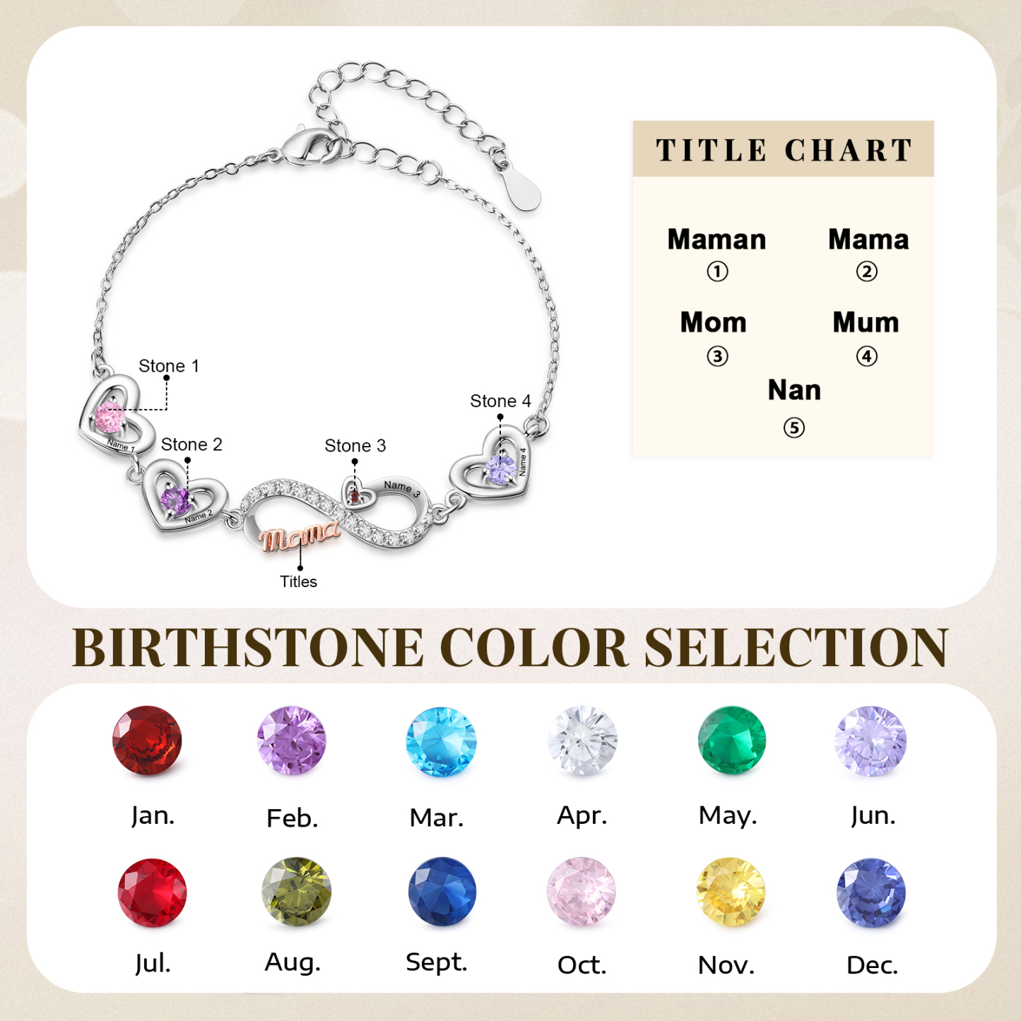 Personalisiertes Infinity-Herz Armband mit Geburtssteinen für Mama mit 2–6 Namen personalisiert