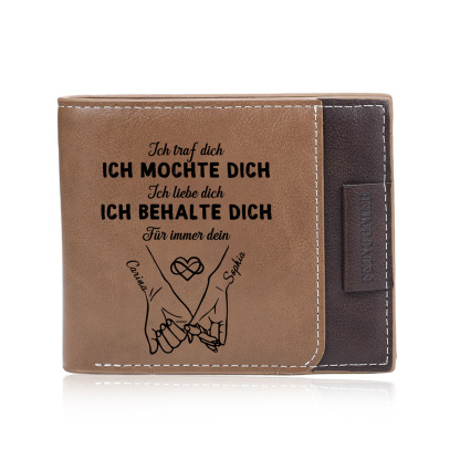 Personalisierte Foto-Lederbrieftasche mit Gravur von zwei Namen – Paar, das sich an den Händen hält – romantisches Geschenk für Freund oder Ehemann zum Jahrestag oder Valentinstag | Kettenmachen