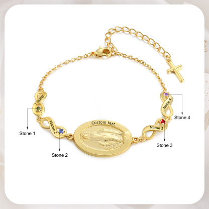 Personalisierbares Infinity-Armband aus Gold mit Marienmedaille & Geburtsstein