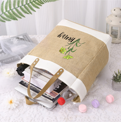 Personalisierter 1 Name & Geburtsblume & Buchstabe Handtasche aus Baumwolle und Leinen