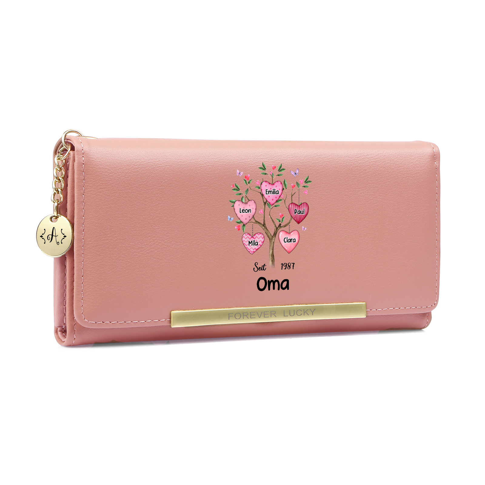 Personalisierte Damen Geldbörse mit Herz-Familienbaum gestaltet mit 2–8 Namen