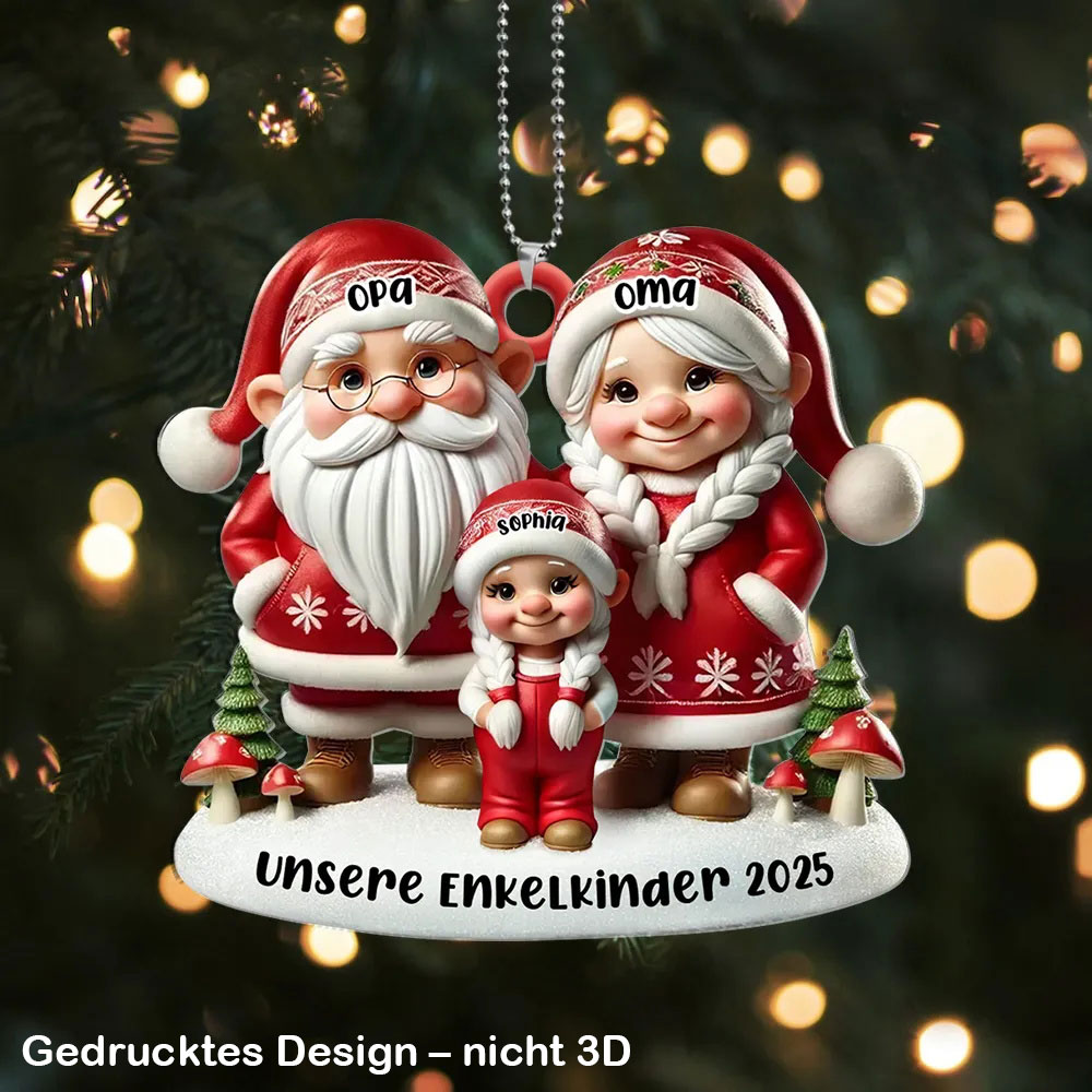 Personalisierter 3D‑Weihnachtsanhänger mit Gnomen, Name, Jahr, Wunschtext – Geschenk für Oma & Opa