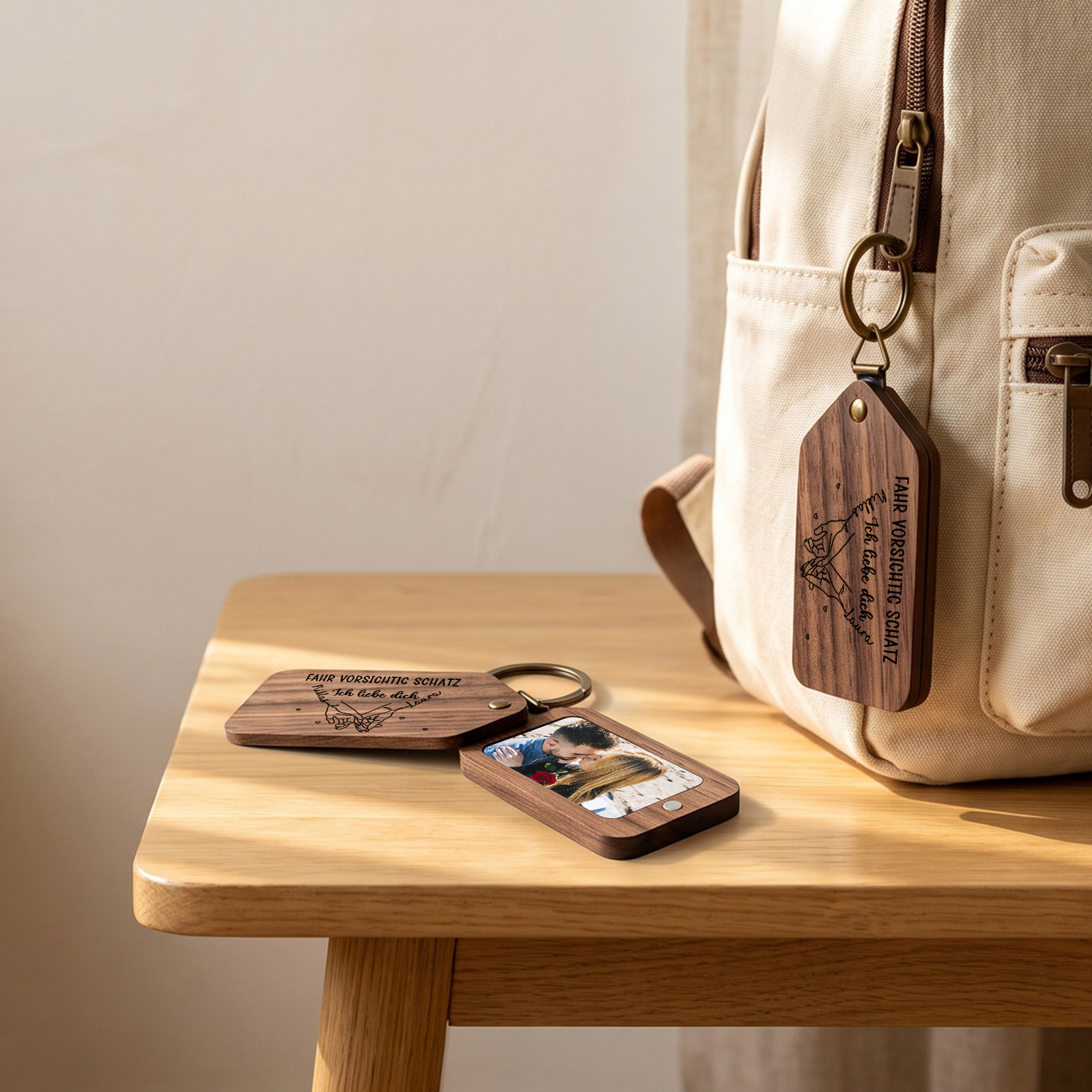 Personalisierter Foto-Schlüsselanhänger aus Holz mit zwei Fotos und zwei Namen sowie Pinky-Promise-Motiv Geschenk für deinen Partner