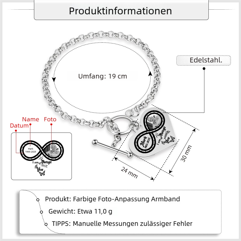 Personalisierte 1 Name & Foto & Datum Edelstahl Armband mit Herzanhänger Ich werde dich bei mir tragen bis ich dich wiedersehe Geschenk mit Nachrichtenkarte