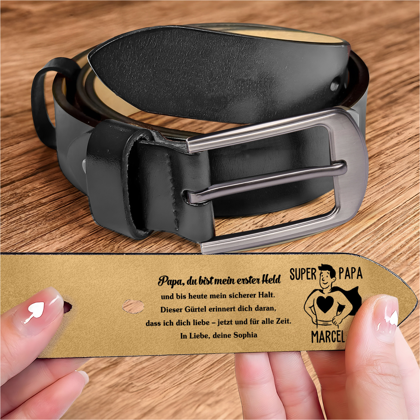 Personalisierter Ledergürtel mit Gravur Super Papa und Namen Herren Gürtel Geschenk zum Vatertag