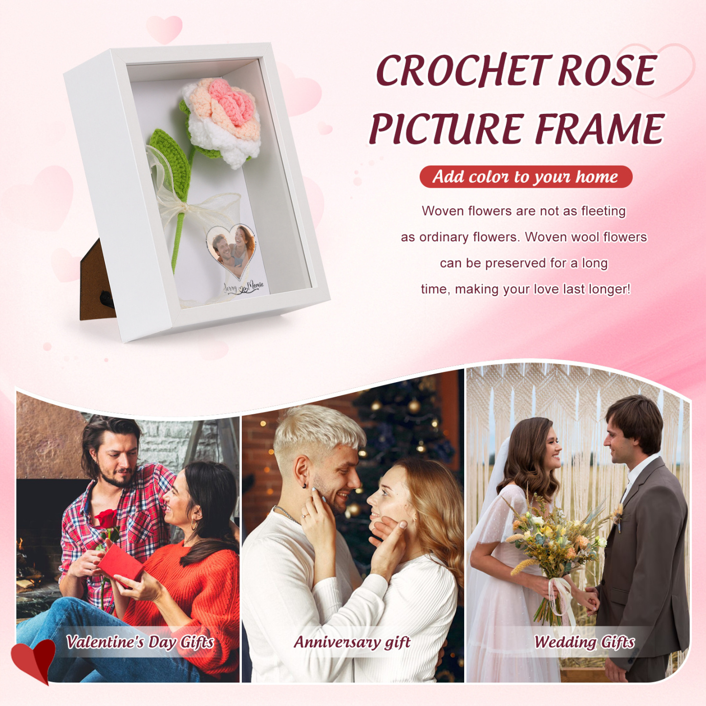 Personalisierter 3D-Rahmen mit Häkelrose für Paare