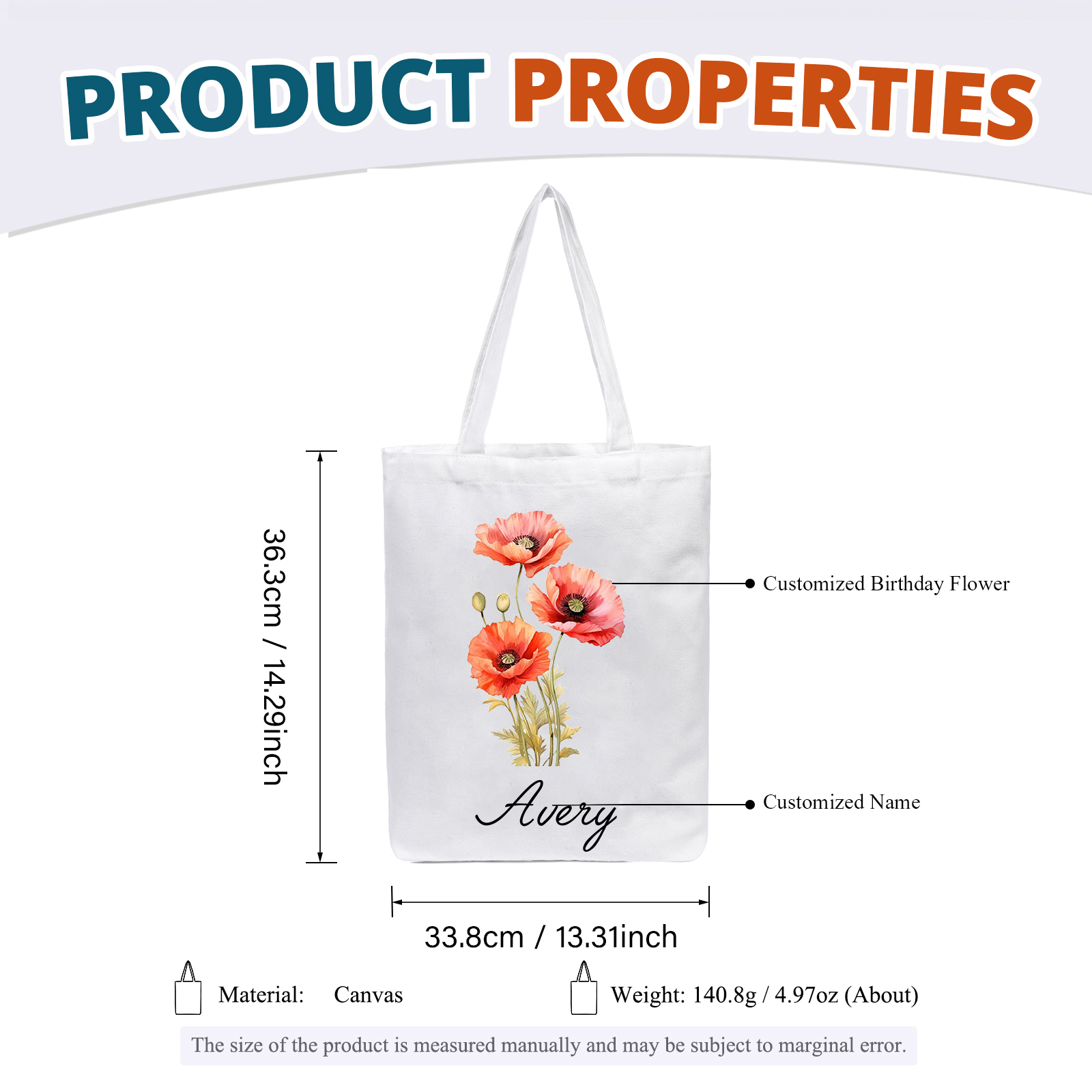 Personalisierbarer Name & Geburtsblume Leinwand Damen Tasche Einkaufstasche Tragetasche