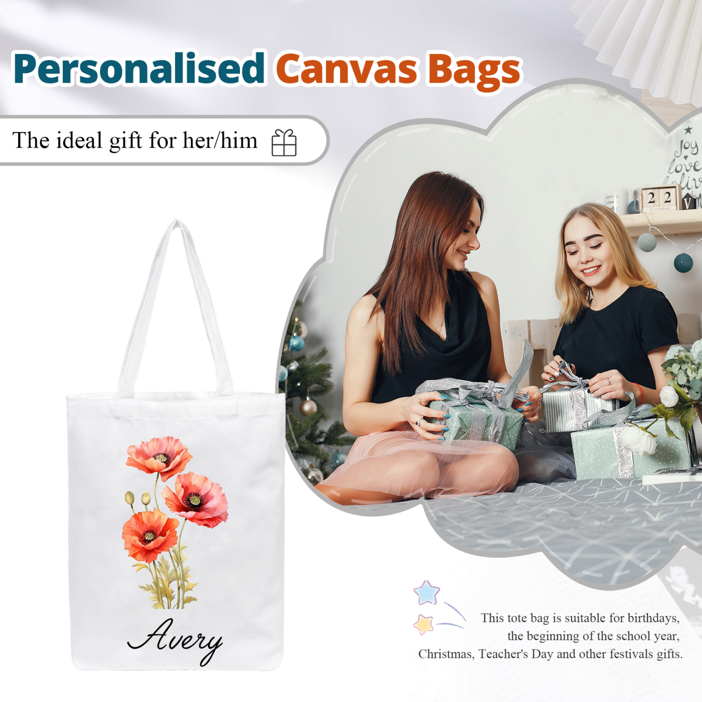 Personalisierbarer Name & Geburtsblume Leinwand Damen Tasche Einkaufstasche Tragetasche