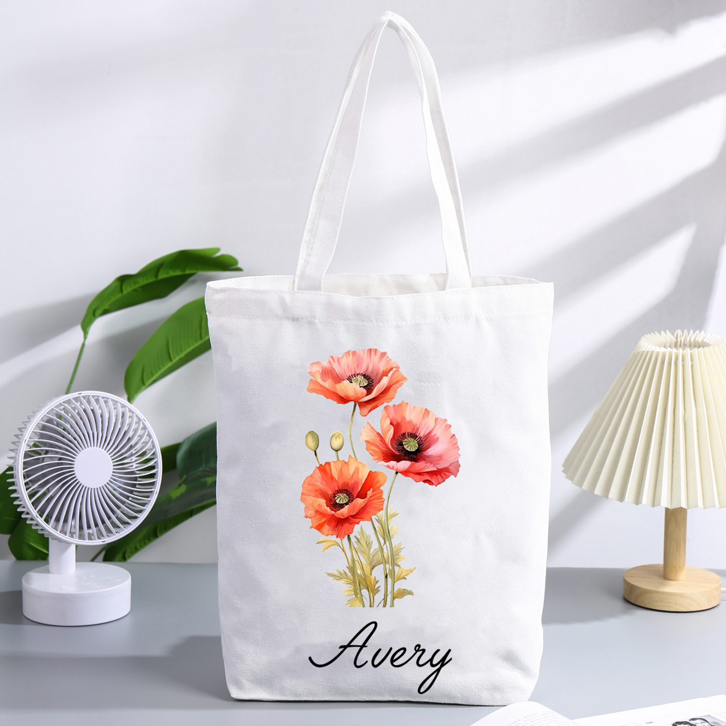 Personalisierbarer Name & Geburtsblume Leinwand Damen Tasche Einkaufstasche Tragetasche