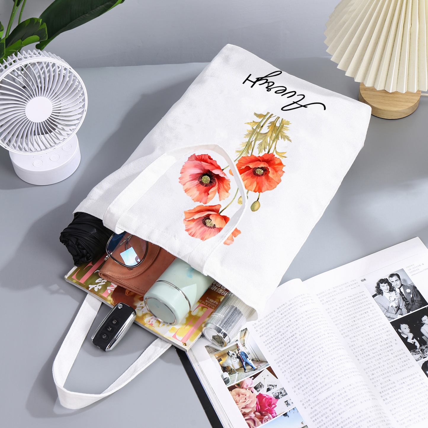 Personalisierbarer Name & Geburtsblume Leinwand Damen Tasche Einkaufstasche Tragetasche