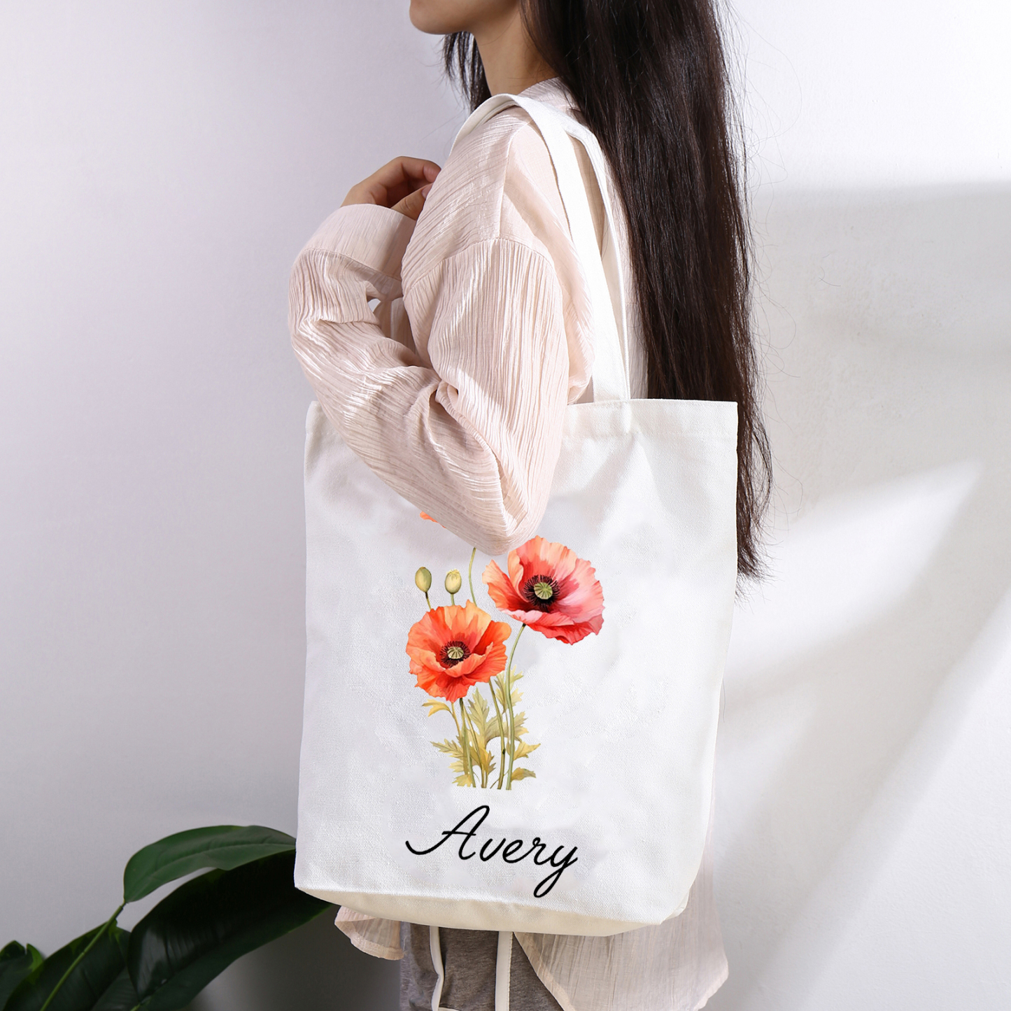 Personalisierbarer Name & Geburtsblume Leinwand Damen Tasche Einkaufstasche Tragetasche