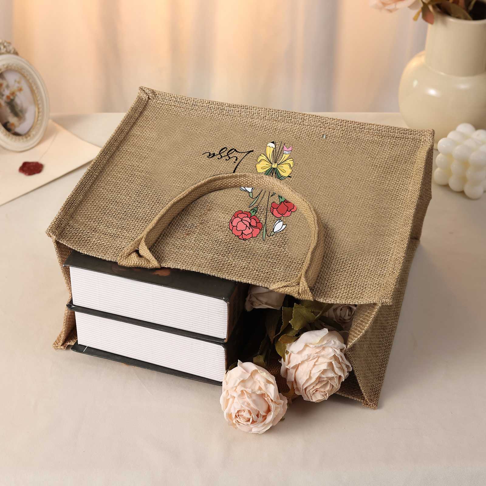 Personalisierter Name & Geburtsblume Hanfjute Tasche – Umweltfreundliche Blume Jute-Tasche