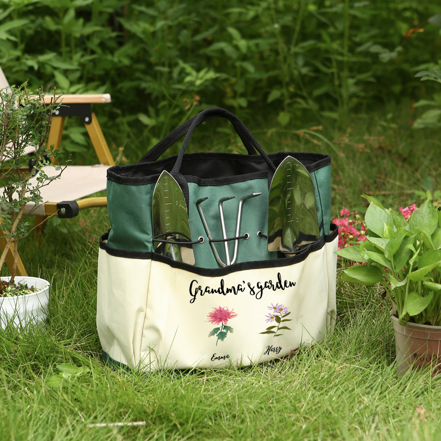 Personalisierte 2-8 Namen & Geburtsblumen & Text Gartentasche Familie große kapazität Gartentasche für Gartenwerkzeug nähen
