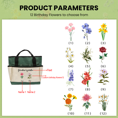 Personalisierte 2-8 Namen & Geburtsblumen & Text Gartentasche Familie große kapazität Gartentasche für Gartenwerkzeug nähen
