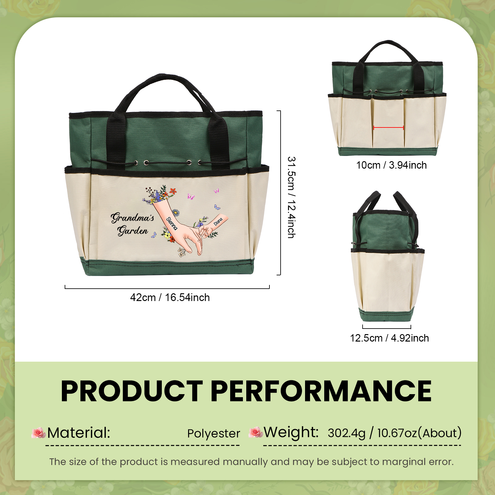 Personalisierte 2-8 Namen & Text Gartentasche Blume Hand in Hand Familie große kapazität Gartentasche für Gartenwerkzeug nähen
