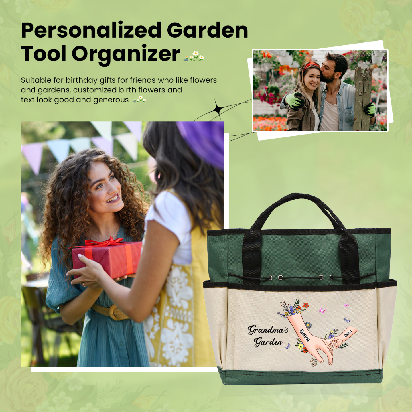 Personalisierte 2-8 Namen & Text Gartentasche Blume Hand in Hand Familie große kapazität Gartentasche für Gartenwerkzeug nähen