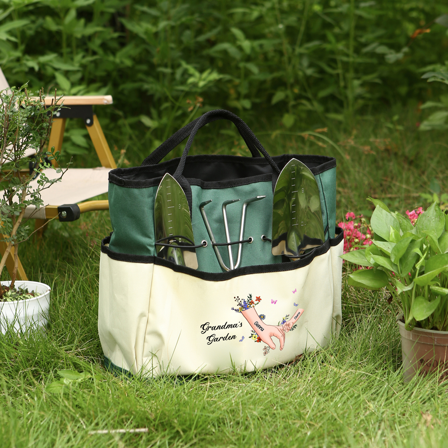Personalisierte 2-8 Namen & Text Gartentasche Blume Hand in Hand Familie große kapazität Gartentasche für Gartenwerkzeug nähen
