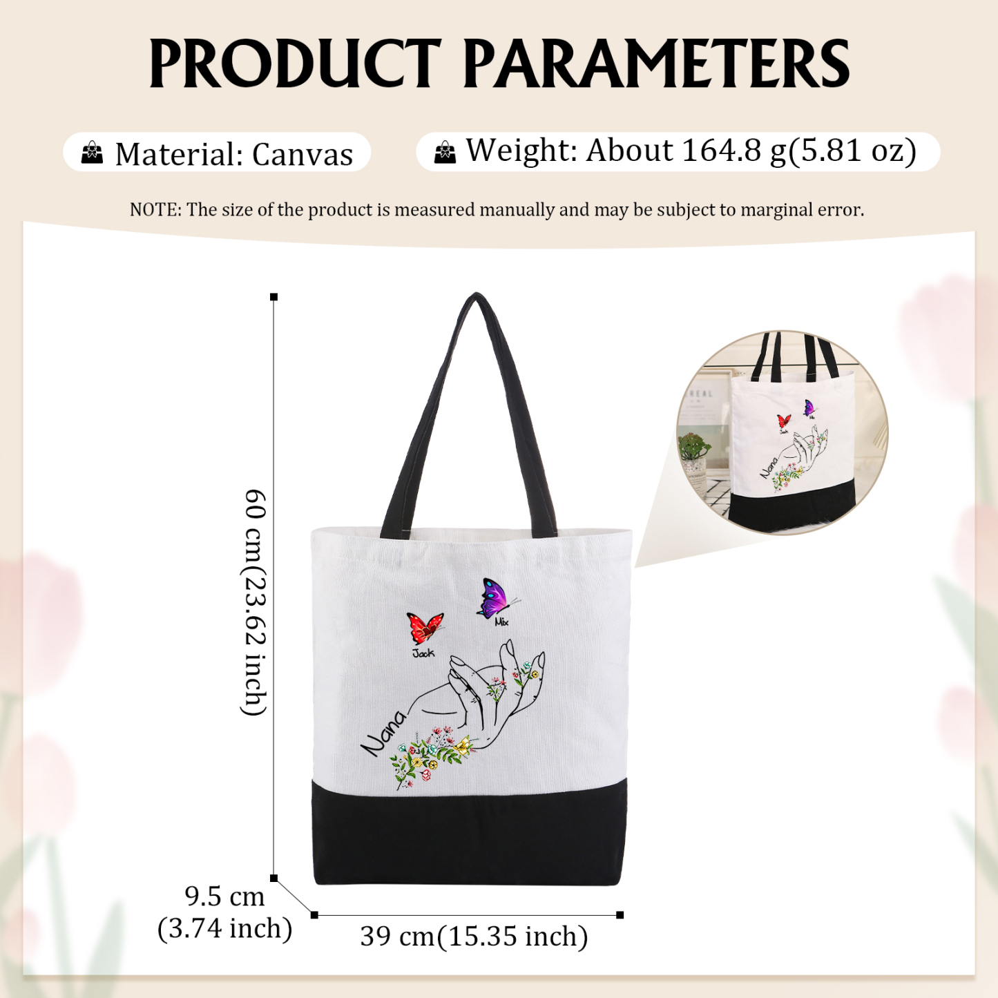 Personalisierte 2-8 Namen Stofftasche mit Schmetterlingen & Handmotiv – Individuelles Segeltuch-Tasche