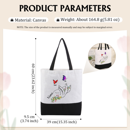 Personalisierte 2-8 Namen Stofftasche mit Schmetterlingen & Handmotiv – Individuelles Segeltuch-Tasche