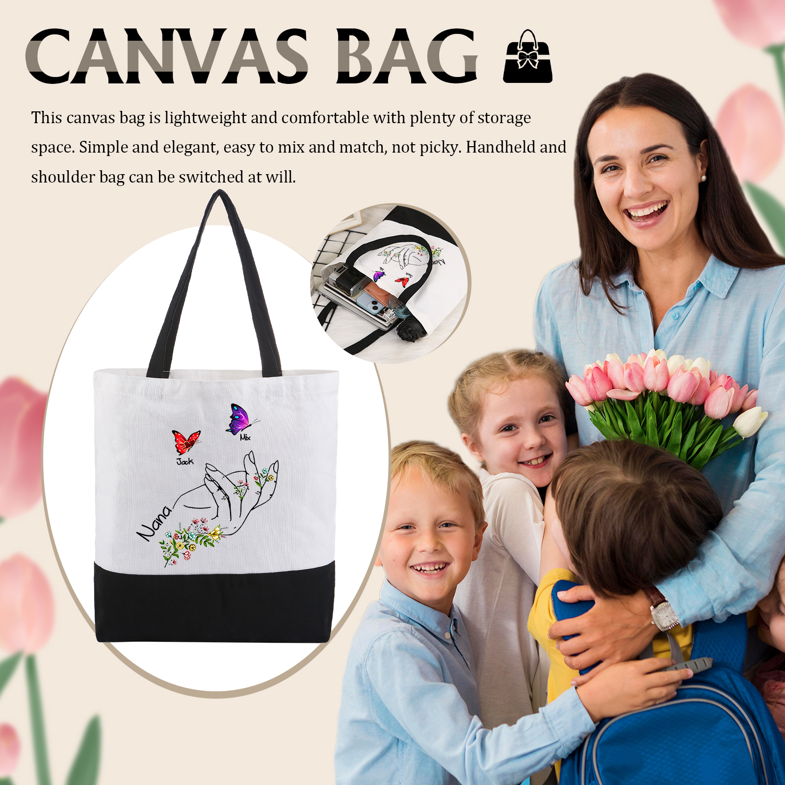 Personalisierte 2-8 Namen Stofftasche mit Schmetterlingen & Handmotiv – Individuelles Segeltuch-Tasche