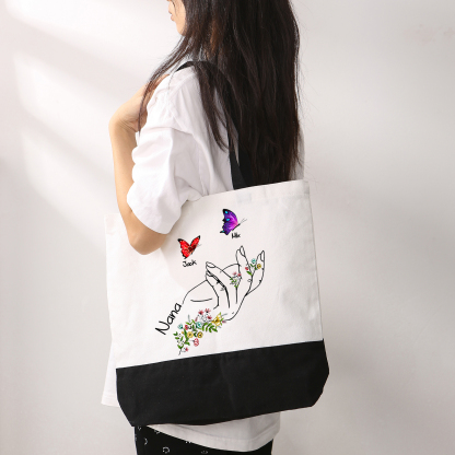 Personalisierte 2-8 Namen Stofftasche mit Schmetterlingen & Handmotiv – Individuelles Segeltuch-Tasche