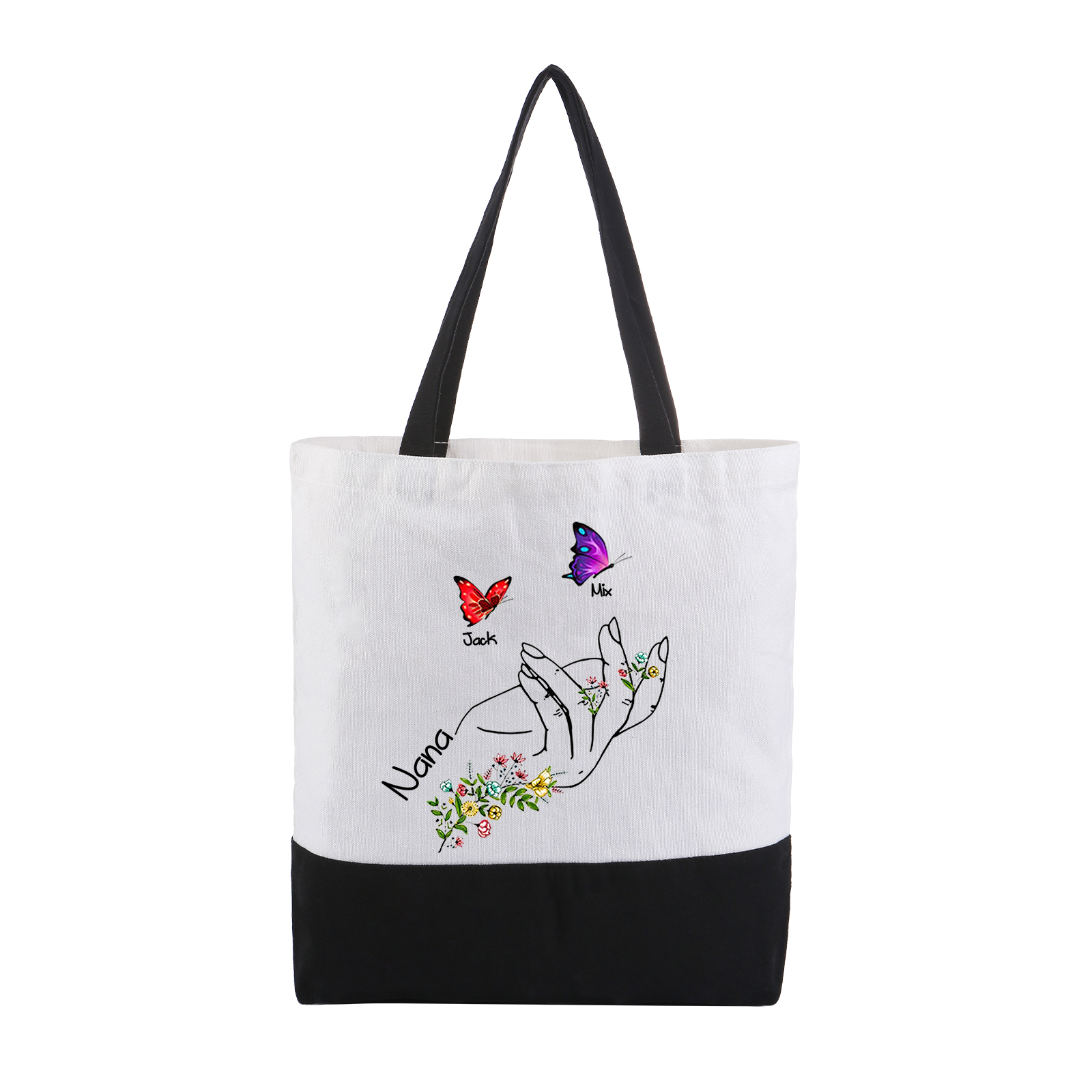 Personalisierte 2-8 Namen Stofftasche mit Schmetterlingen & Handmotiv – Individuelles Segeltuch-Tasche